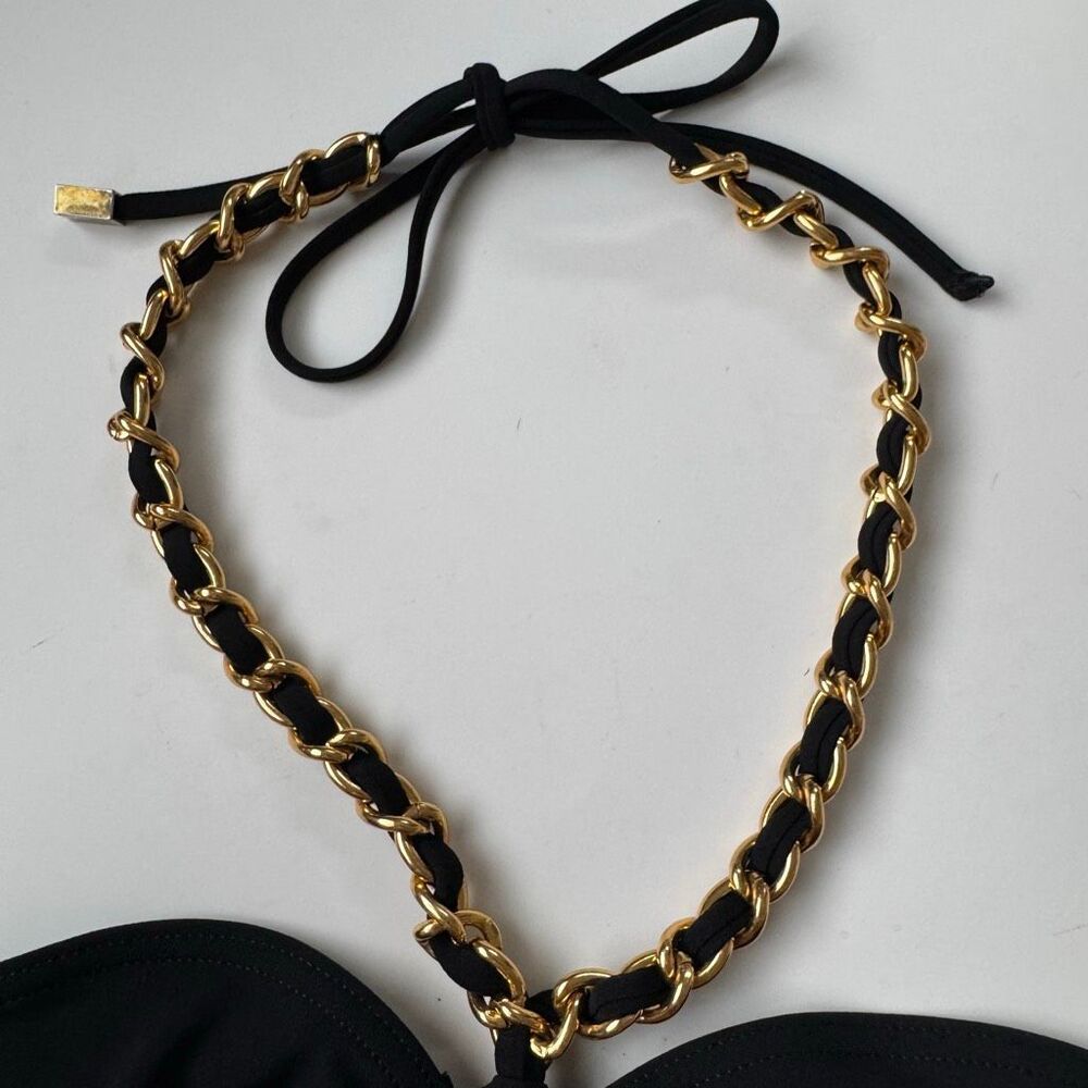 Michael Kors Gold Black Halter Chain Link Swim Bandeau Top Size 8 Medium Preppy - Picture 3 of 9